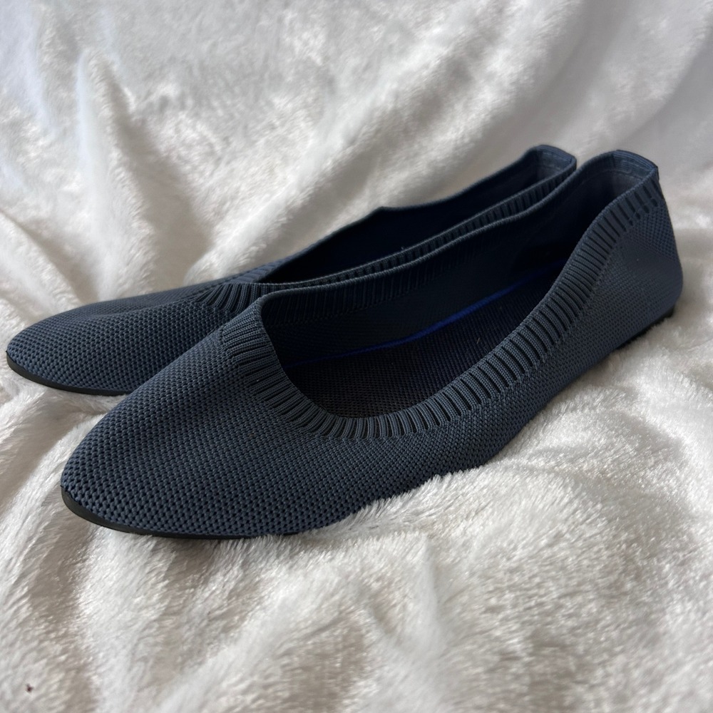 Rothys The Point Flats Womens 8 Navy Blue Knit Pointed Toe Minimalist Office